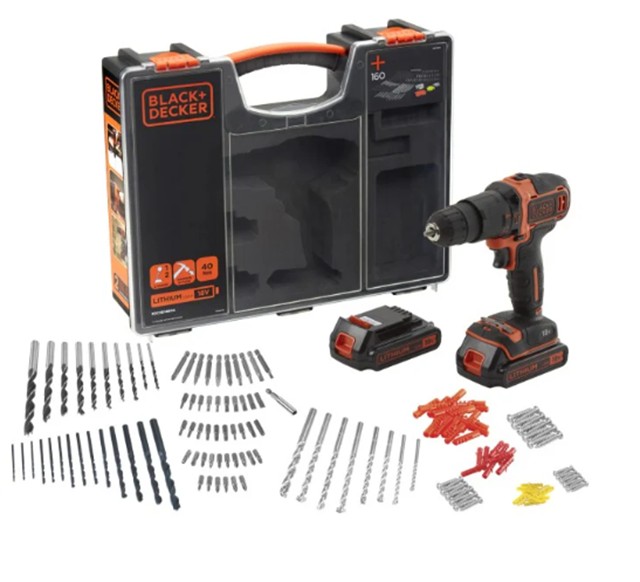 Promo Set Bohrmaschine 18V 2×1,5Ah + Koffer + 100 Zubehör – Art. BCD700C2AMB-QW – BLACK+DECKER